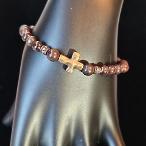 Beaded Stretch Bracelet - Garnet Gemstone With Copper-tone Accents